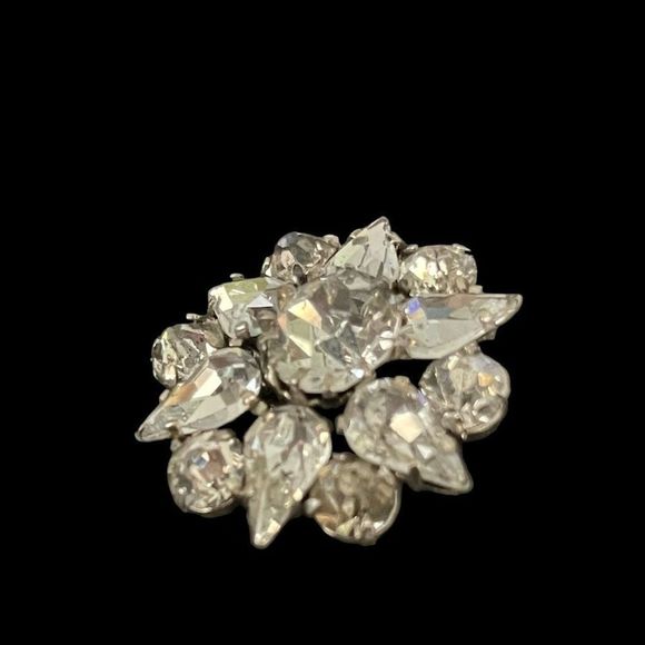 Vintage Signed Czech Prong Set Rhinestone Brooch Pin Silver Tone Open Back Foil - Picture 2 of 5